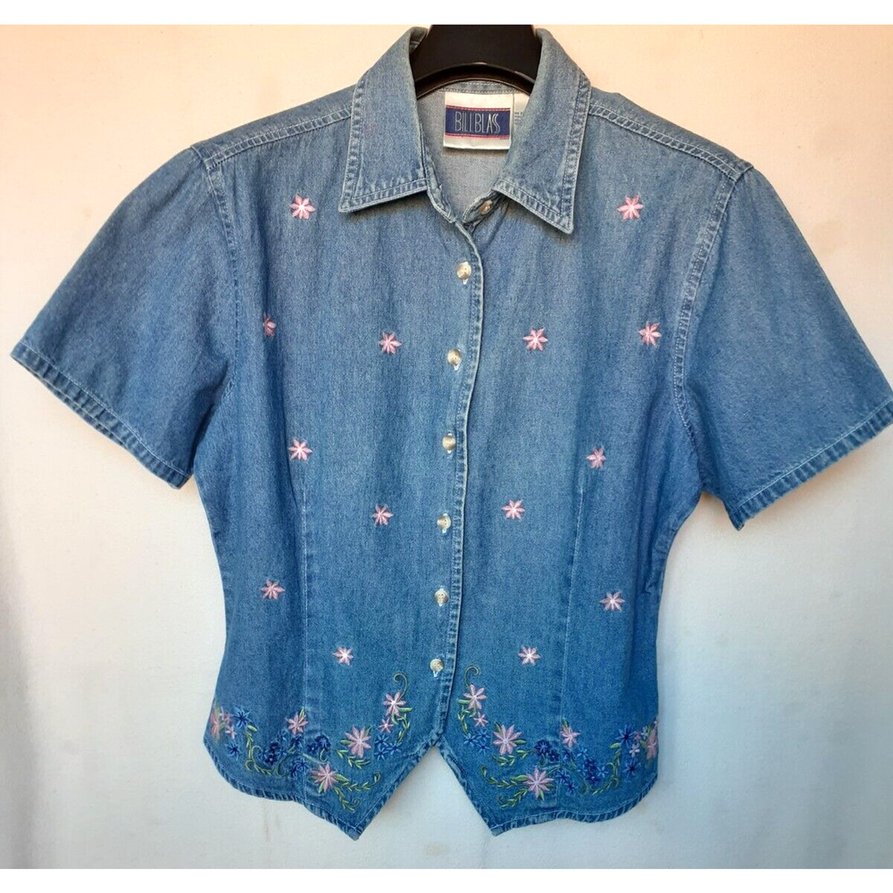 BILL BLASS Vintage Embroidered Denim Button Up Western Shirt Women Blue S NEW